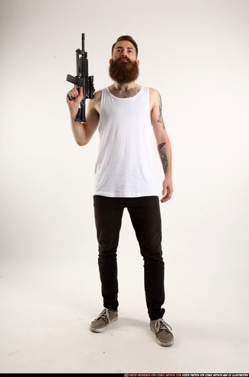 Man Adult Athletic White Fighting with submachine gun Standing poses Casual