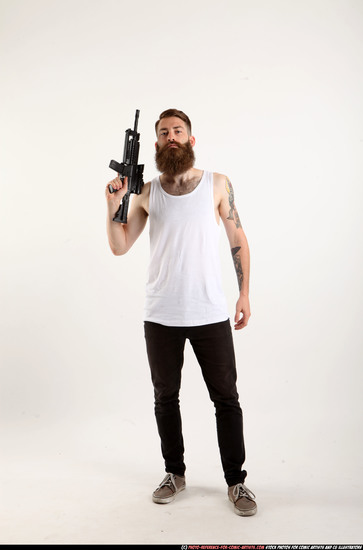 Man Adult Athletic White Fighting with submachine gun Standing poses Casual