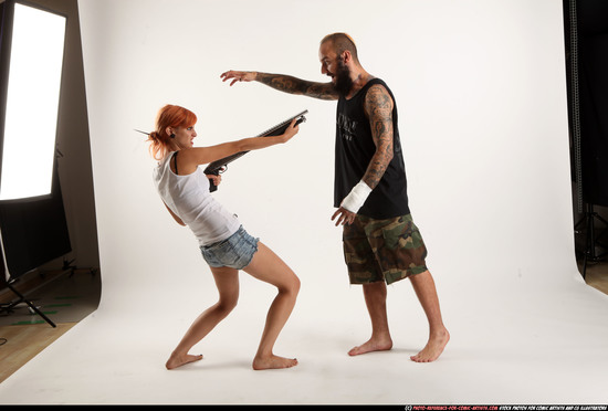 Man & Woman Adult Athletic White Moving poses Casual Fighting with shotgun