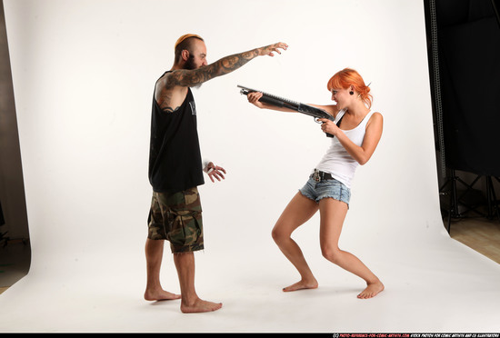 Man & Woman Adult Athletic White Moving poses Casual Fighting with shotgun