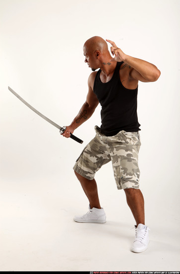 Man Adult Athletic Black Fighting with sword Standing poses Army