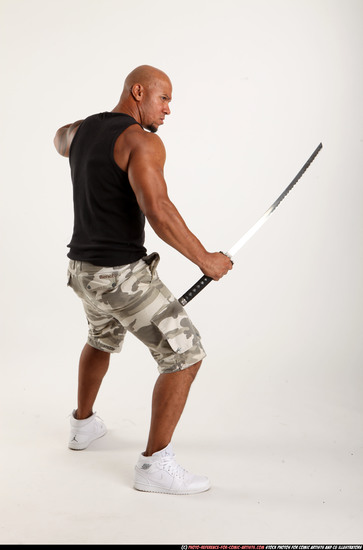 Man Adult Athletic Black Fighting with sword Standing poses Army