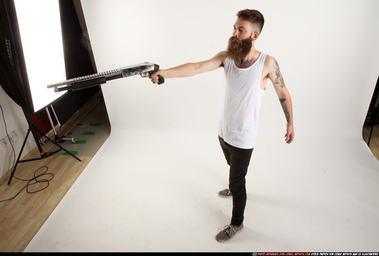 Man Adult Athletic White Standing poses Casual Fighting with shotgun