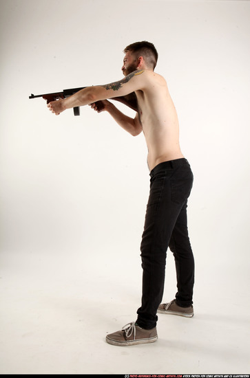 Man Adult Athletic White Fighting with submachine gun Standing poses Pants