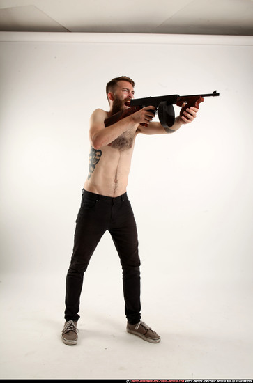 Man Adult Athletic White Fighting with submachine gun Standing poses Pants