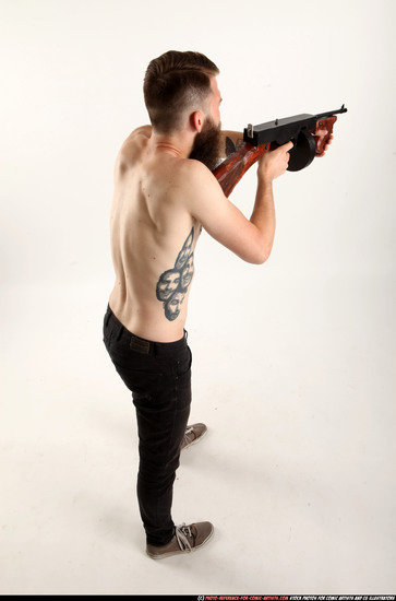 Man Adult Athletic White Fighting with submachine gun Standing poses Pants