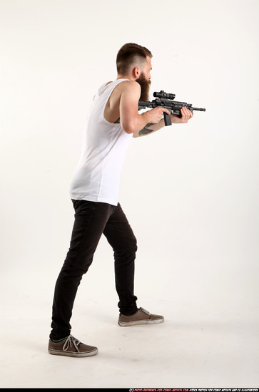 Man Adult Athletic White Fighting with submachine gun Standing poses Casual