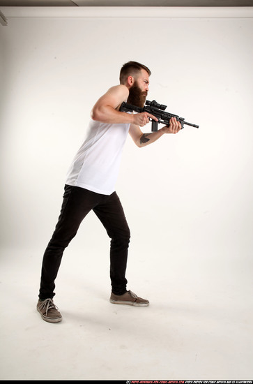 Man Adult Athletic White Fighting with submachine gun Standing poses Casual