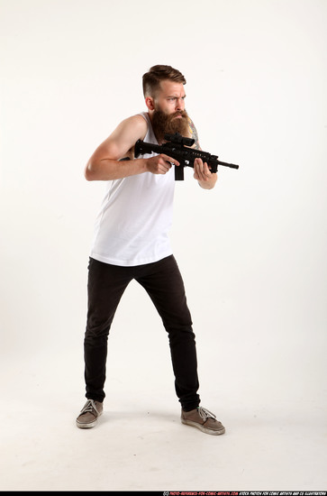 Man Adult Athletic White Fighting with submachine gun Standing poses Casual