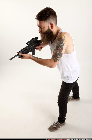 Man Adult Athletic White Fighting with submachine gun Standing poses Casual