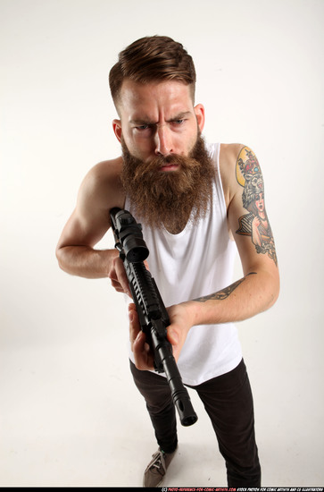 Man Adult Athletic White Fighting with submachine gun Standing poses Casual