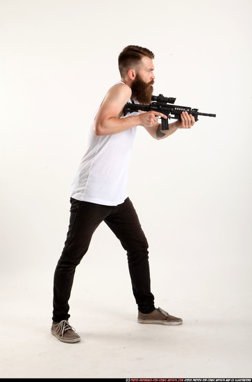 Man Adult Athletic White Fighting with submachine gun Standing poses Casual