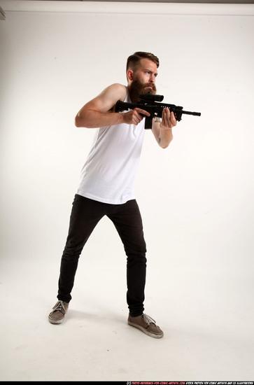 Man Adult Athletic White Fighting with submachine gun Standing poses Casual