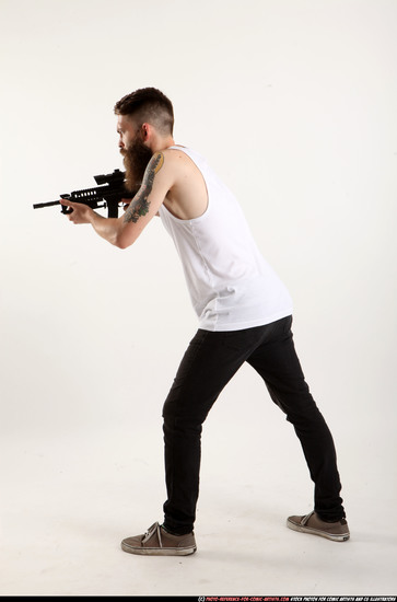 Man Adult Athletic White Fighting with submachine gun Standing poses Casual