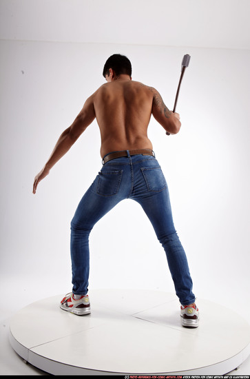 Man Young Athletic Fighting with sword Standing poses Pants Latino