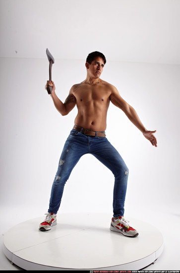 Man Young Athletic Fighting with sword Standing poses Pants Latino