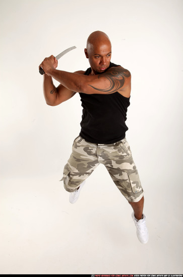 Man Adult Athletic Black Fighting with sword Moving poses Army