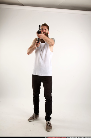 Man Adult Athletic White Standing poses Casual Fighting with shotgun