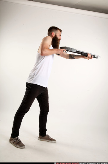 Man Adult Athletic White Standing poses Casual Fighting with shotgun