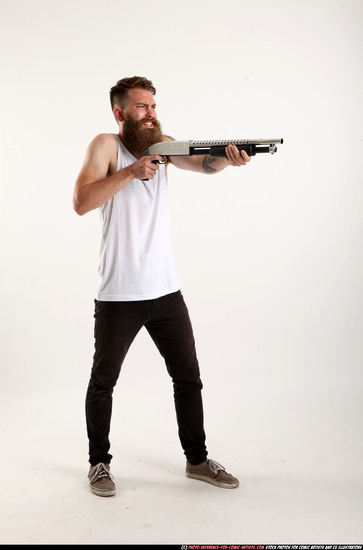 Man Adult Athletic White Standing poses Casual Fighting with shotgun