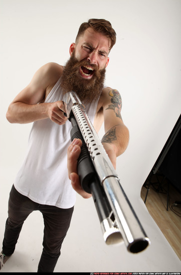 Man Adult Athletic White Standing poses Casual Fighting with shotgun