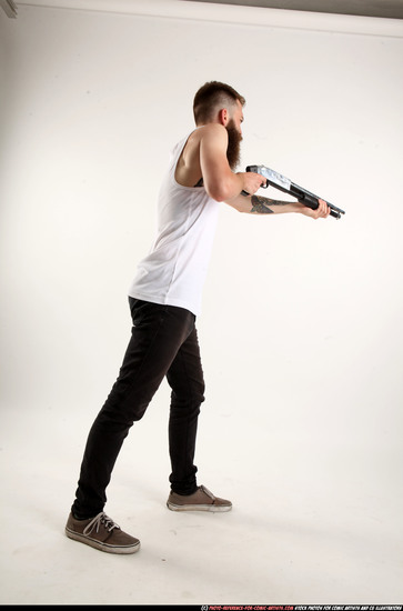 Man Adult Athletic White Standing poses Casual Fighting with shotgun