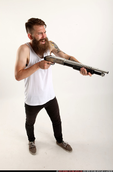 Man Adult Athletic White Standing poses Casual Fighting with shotgun