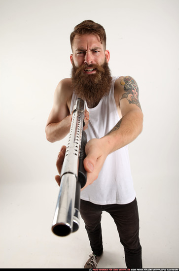 Man Adult Athletic White Standing poses Casual Fighting with shotgun