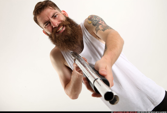 Man Adult Athletic White Standing poses Casual Fighting with shotgun