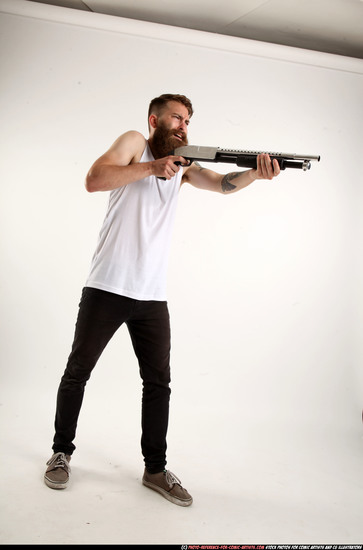 Man Adult Athletic White Standing poses Casual Fighting with shotgun