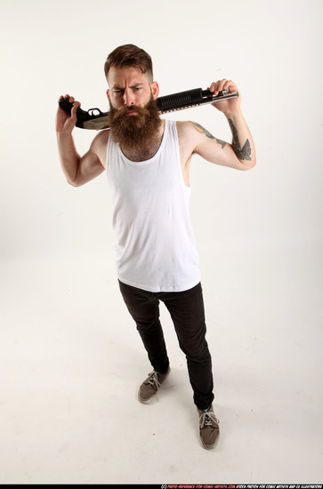 Man Adult Athletic White Standing poses Casual Fighting with shotgun