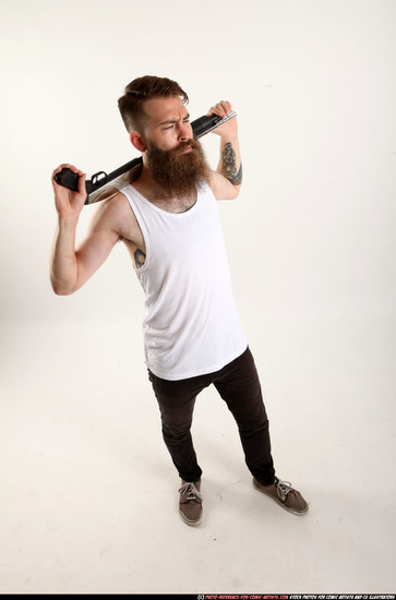 Man Adult Athletic White Standing poses Casual Fighting with shotgun