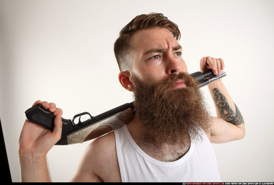 Man Adult Athletic White Standing poses Casual Fighting with shotgun