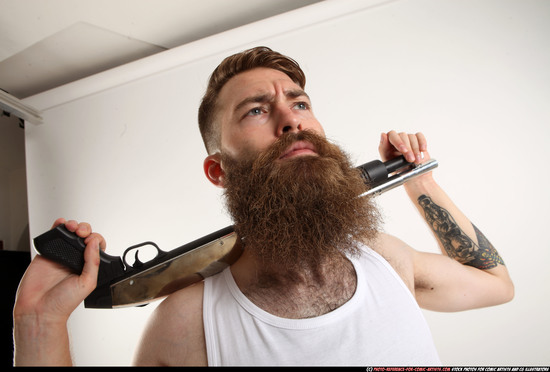 Man Adult Athletic White Standing poses Casual Fighting with shotgun