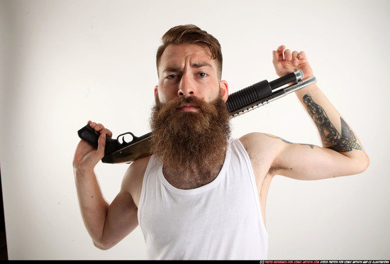 Man Adult Athletic White Standing poses Casual Fighting with shotgun