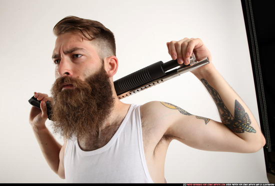 Man Adult Athletic White Standing poses Casual Fighting with shotgun