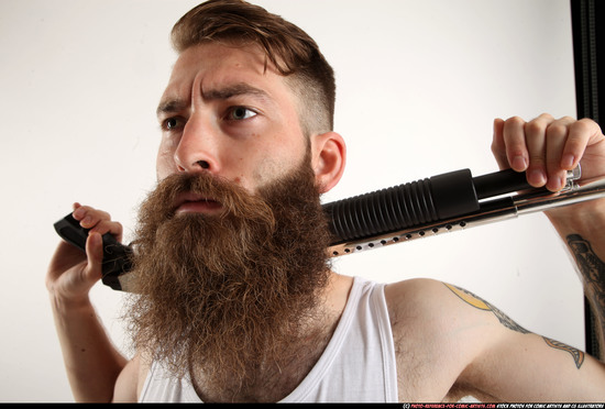 Man Adult Athletic White Standing poses Casual Fighting with shotgun