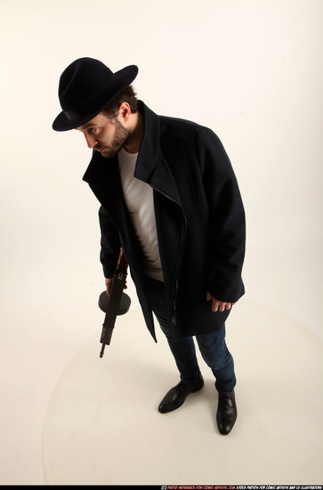 Man Adult Athletic White Fighting with submachine gun Standing poses Coat