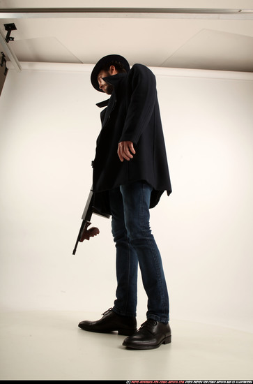 Man Adult Athletic White Fighting with submachine gun Standing poses Coat