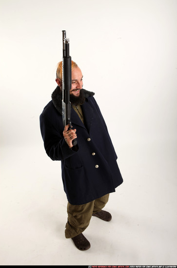 Man Adult Athletic White Standing poses Coat Fighting with shotgun