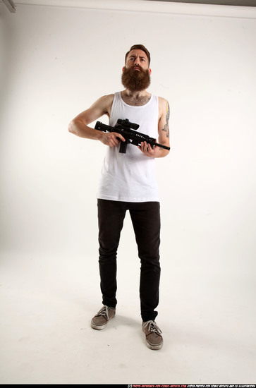 Man Adult Athletic White Fighting with submachine gun Standing poses Casual