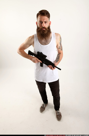 Man Adult Athletic White Fighting with submachine gun Standing poses Casual