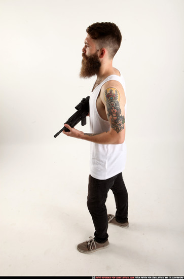 Man Adult Athletic White Fighting with submachine gun Standing poses Casual