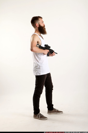 Man Adult Athletic White Fighting with submachine gun Standing poses Casual