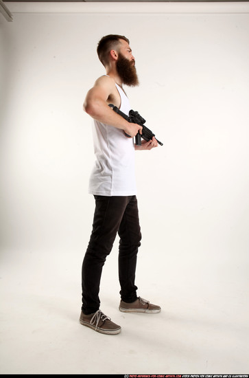 Man Adult Athletic White Fighting with submachine gun Standing poses Casual