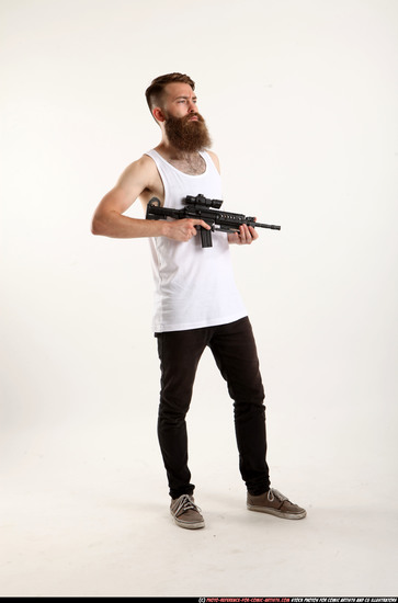 Man Adult Athletic White Fighting with submachine gun Standing poses Casual