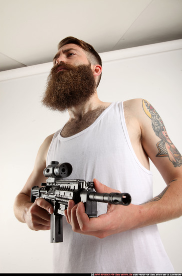 Man Adult Athletic White Fighting with submachine gun Standing poses Casual