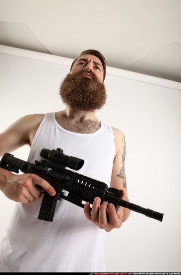 Man Adult Athletic White Fighting with submachine gun Standing poses Casual