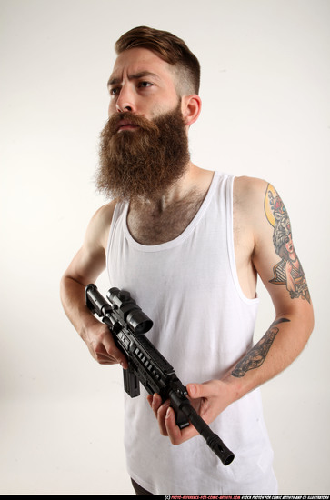 Man Adult Athletic White Fighting with submachine gun Standing poses Casual