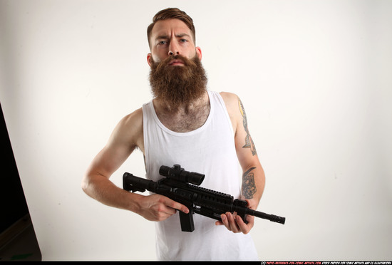 Man Adult Athletic White Fighting with submachine gun Standing poses Casual